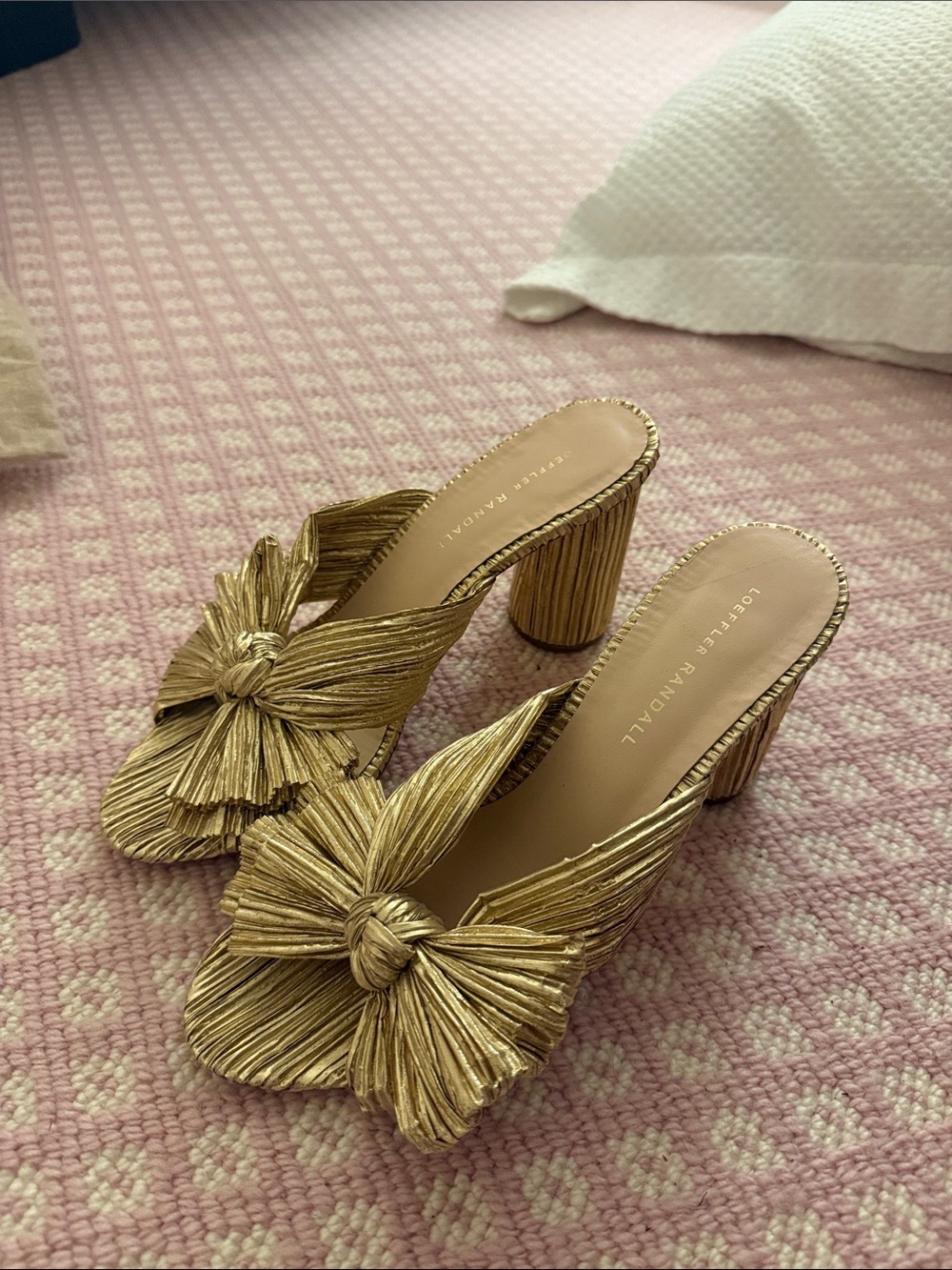 Loeffler Randall Metallic Gold Pleated Knot Mules